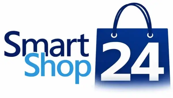 Logo for Smart Shop 24, with bold black-and-blue text and a blue shopping bag icon showing '24' on it.
