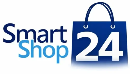 Logo for Smart Shop 24, with bold black-and-blue text and a blue shopping bag icon showing '24' on it.